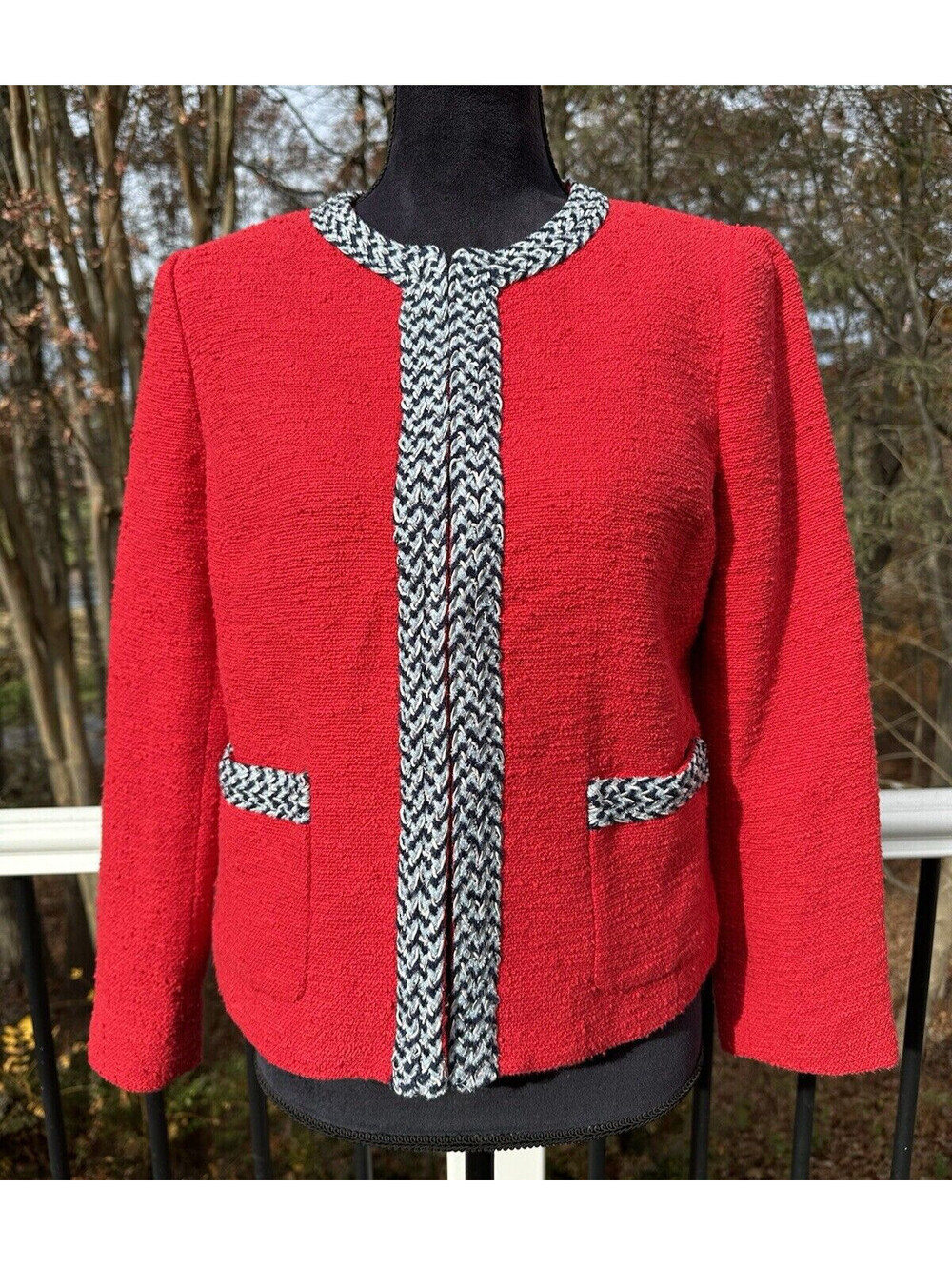 Talbots Tipped Red Tweed Jacket Size 8 Petite Hook & Eye Patch Pockets NWT